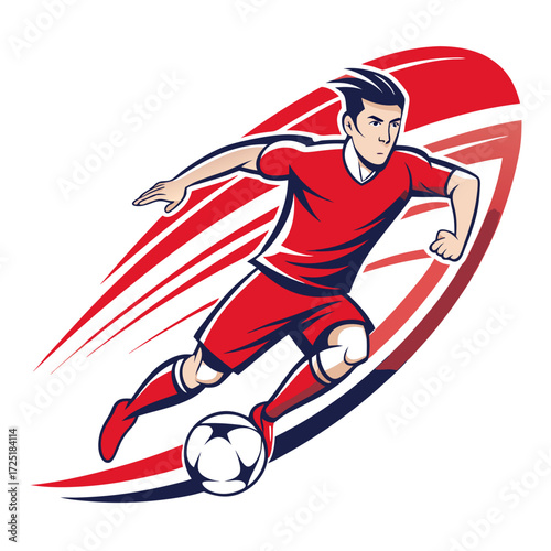 Dynamic soccer player dribbling ball with speed trails vector illustration
