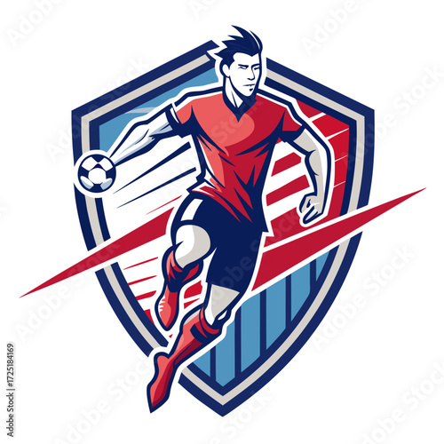 Dynamic soccer player illustration in a shield emblem design