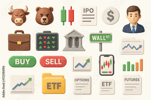 Investing and Stock Market Icon Set Bull, Bear, Candlestick, IPO, and More