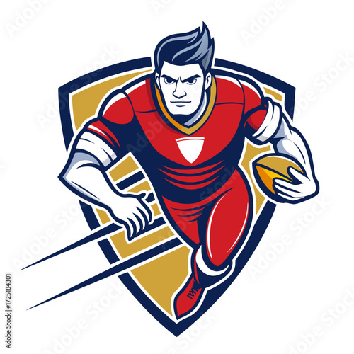 Rugby player with dynamic motion in a shield backdrop