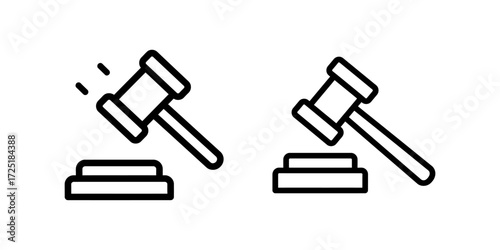 Two gavel icons, one shown striking with motion lines, the other at rest on a striking block.