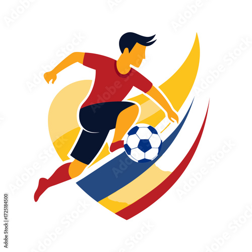 Dynamic soccer player kicking ball with abstract colorful shapes