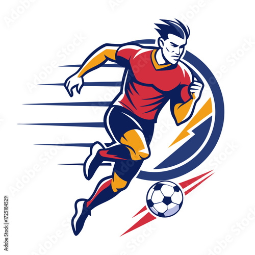 Dynamic soccer player logo illustration with abstract speed lines