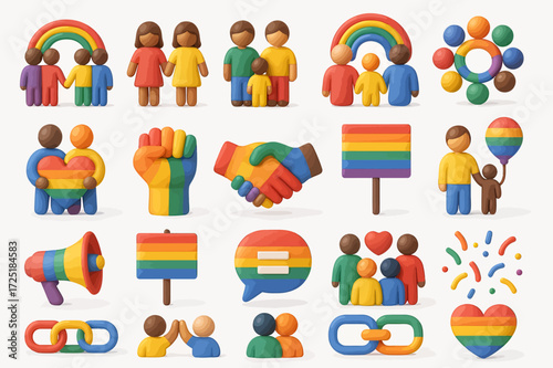 Pride Month Diverse Family Icons and LGBTQ+ Symbols - 3D Render
