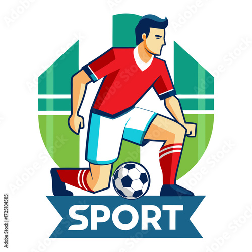 Flat illustration of soccer player with ball and banner