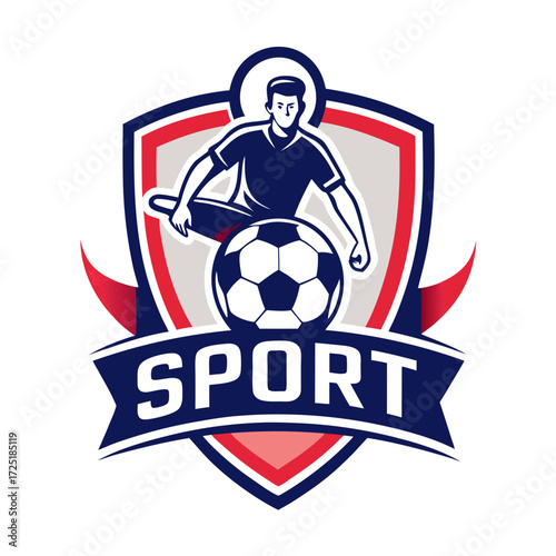 Dynamic soccer player emblem with ball and shield design