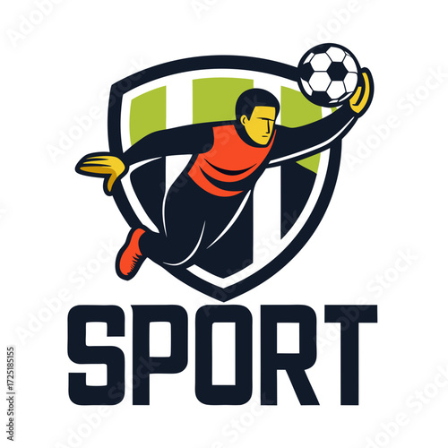 Dynamic soccer goalkeeper catches ball with stylized shield background