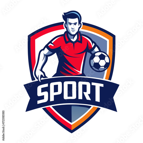 Soccer player logo with shield and banner illustration