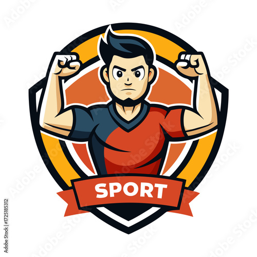 Cartoon athlete flexing biceps inside sporty emblem design