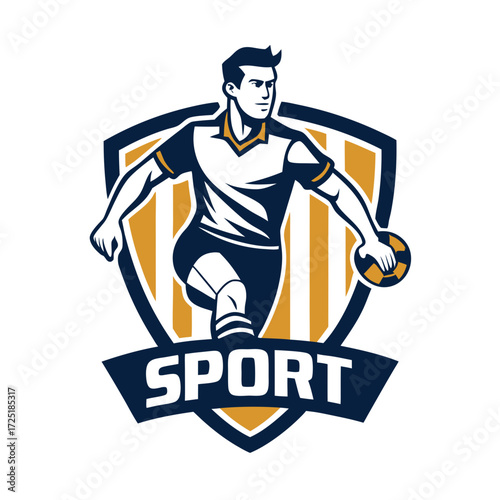 Dynamic handball player dribbling against shield striped background graphic