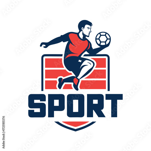 Dynamic soccer player leaps over graphic barrier holding ball