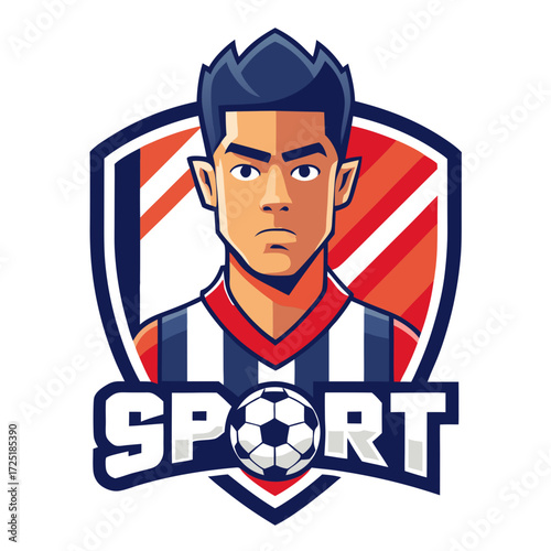 Cartoon soccer player character logo within a shield emblem