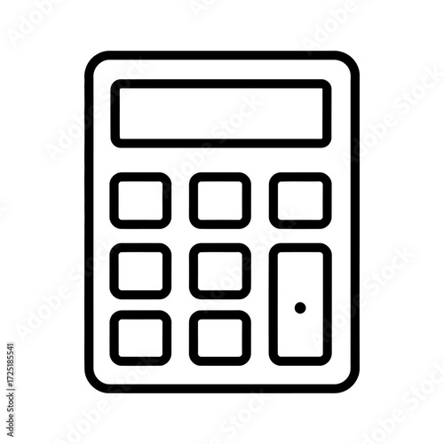 A minimalist line drawing of a calculator with a display screen and square buttons, isolated on a white background.