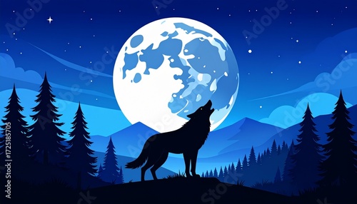 Wildlife wolf landscape vector illustration. Silhouette of wolf howling at full moon