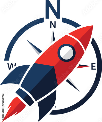 A red rocket ship launching upwards in front of a blue navigational compass, symbolizing growth and direction.