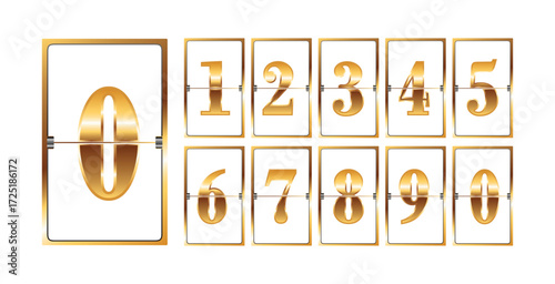 Mechanical Scoreboard Vector. Gold Yellow Timetable With Black Numbers And Letters. Analog Clock Panel. Countdown Timer. Alphabet. Template For Your Design.

