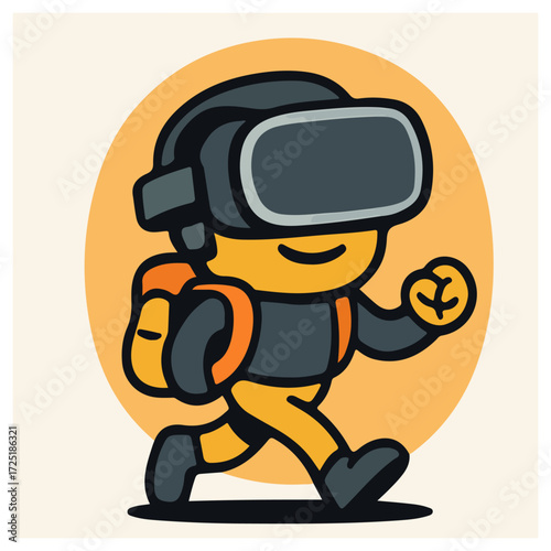 VR Headset Mascot Walking — Virtual Reality Tech Cute Character Icon (Vector)