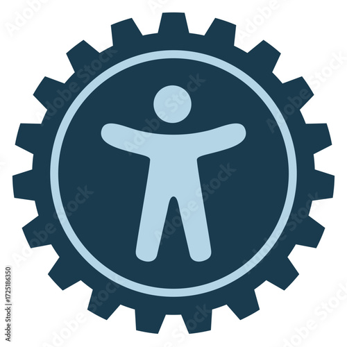 Dark blue icon featuring the universal accessibility symbol (human figure) centered within a cog or gear, representing inclusive technology and engineered solutions for digital access.