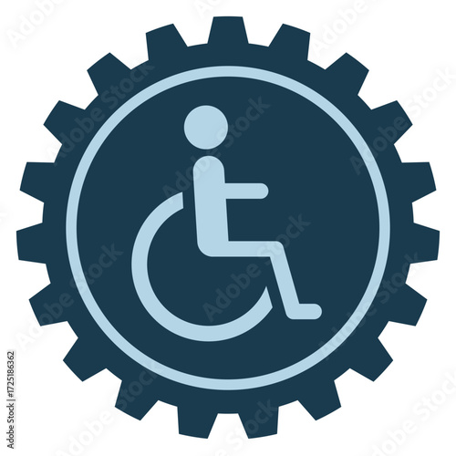Dark blue gear icon featuring a light blue wheelchair symbol inside, representing accessibility, inclusion, and technical solutions for people with disabilities. Clean vector graphic.