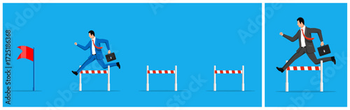 Businessman with briefcase jumping hurdle. Challenge race to reach goal flag. Business competition and success concept.