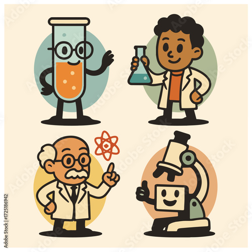 Science Team Characters Set — Professor, Kid Scientist, Robot & Lab Glassware Cute Bundle
