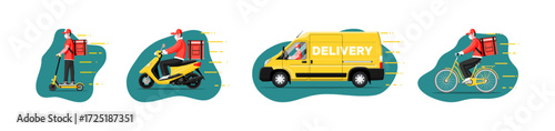 Man delivery service collection set on white background. Courier riding scooter, cycle, motorbike, car with fast moving concept.
