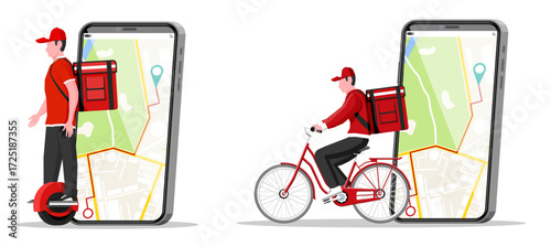 Delivery man on electric unicycle and bicycle with smartphone map. Delivery service concept for online order tracking.
