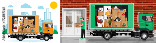 Moving truck with boxes full of household items. Professional man mover carrying container. Home relocation and delivery service.