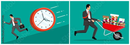 Man running against time with briefcase and man pushing wheelbarrow full of documents. Deadline and overloaded work concept.