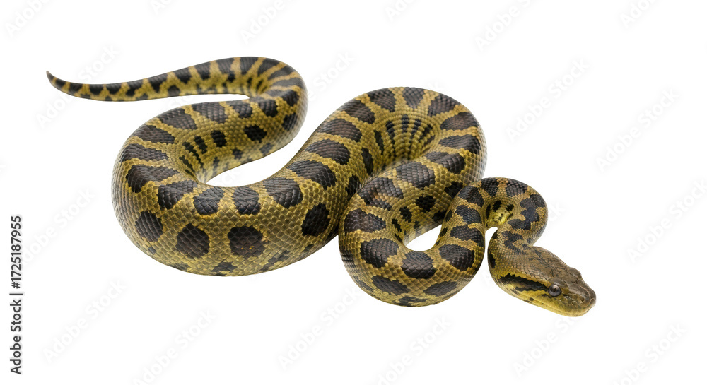 Fototapeta premium Isolated, Beautiful Yellow Anaconda Snake Curled Up Against the Plain Background Surface