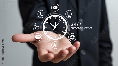Hand holding futuristic clock interface with 24/7 support icons for instant business services