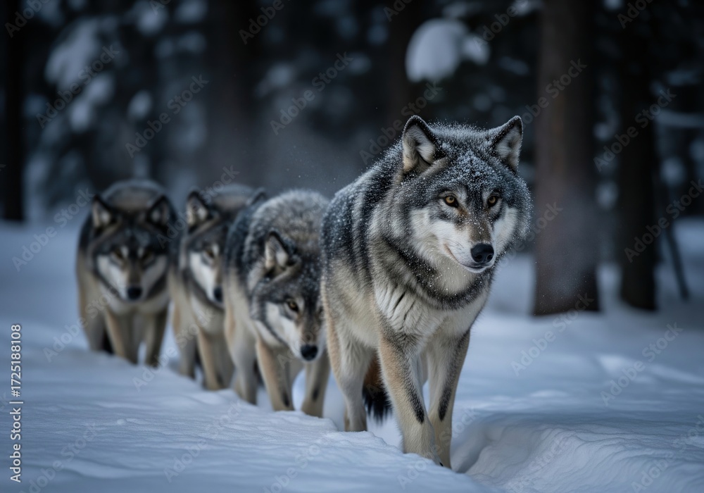 Naklejka premium A pack of powerful gray wolves walking in a single file line through the deep winter snow