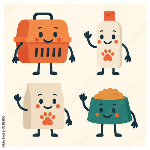 Pet Care Mascots — Carrier, Shampoo, Sponge and Litter Box Cute Characters