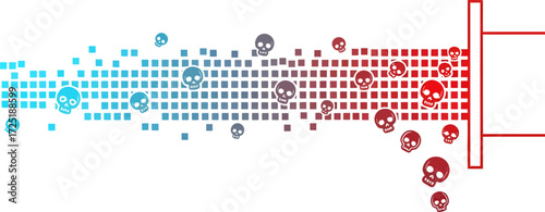 A conceptual syringe injects a pixelated stream of red and blue skulls, symbolizing a lethal dose or a digital virus.