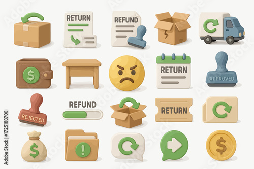 20 Trendy 3D Return and Refund Icons E-commerce, Shipping, and Money Back Guarantee Illustrations