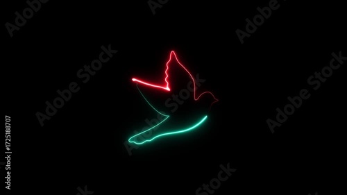 Red and teal neon outline of a dove in flight on black background