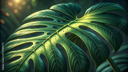 Lush Tropical Monstera Leaf:  Close-up, Dramatic Lighting, Vibrant Green,  Detailed Texture,  Nature Background.