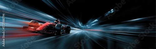 A red Formula 1 car driving fast.