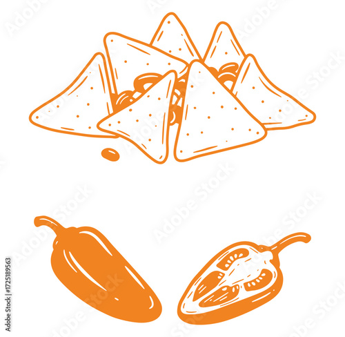 Delicious illustration of nachos with jalapenos in a retro flat design style
