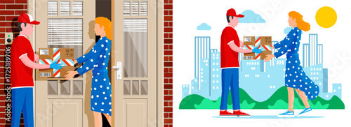 Man courier delivering box to woman homeowner at door and woman receiving package. Online order delivery service concept.