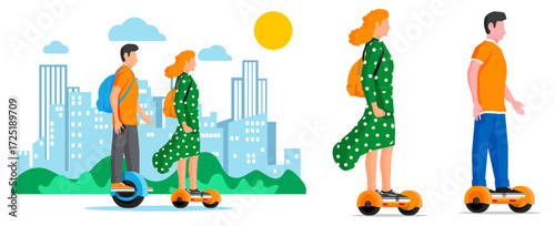 Man and woman riding electric self balancing scooter in city. Urban environment friendly transport concept illustration