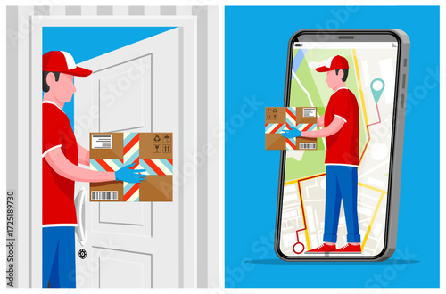 Courier man delivering parcel to door with online delivery service tracking on smartphone app. Logistics and express shipping concept.