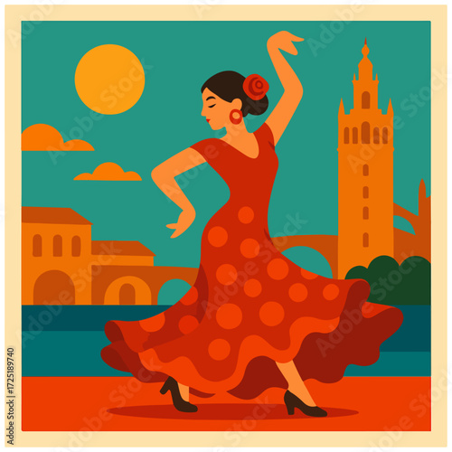 Flamenco Dancer with Seville Skyline — Spanish Culture & Passion, Europe Travel Poster