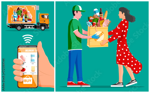 Man courier giving grocery bag to woman. Online order food delivery service. Ecommerce application on phone for home shopping.