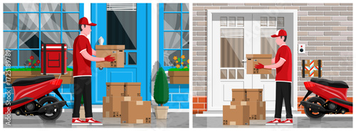 Delivery man delivering parcel box near house facade. Courier on scooter with cardboard package. Fast shipping and global logistics service.