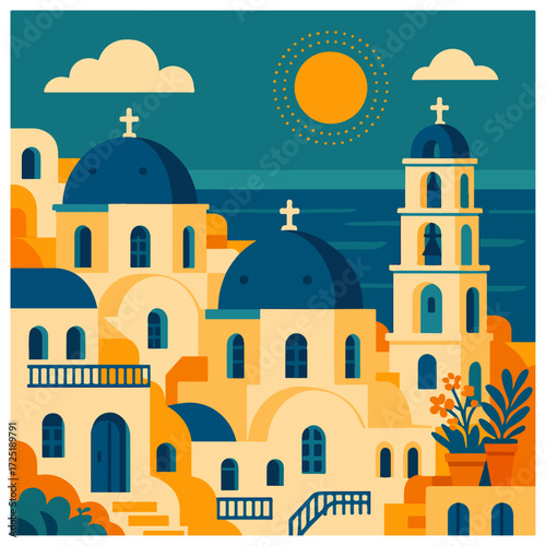 Santorini Blue Domes & White Houses — Greek Island Aegean Sea, Mediterranean Travel Poster