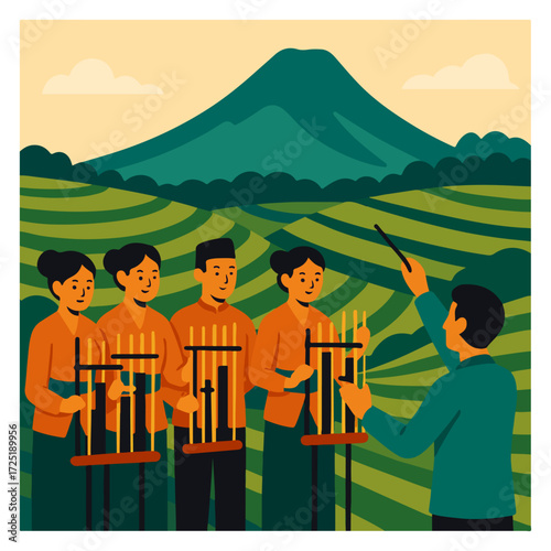 Sundanese Angklung Musicians with Volcano — West Java Culture, Indonesia Poster (Vector)
