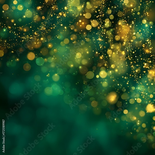 Abstract green and gold bokeh background with glowing light spots and sparkles for festive and decorative concepts.