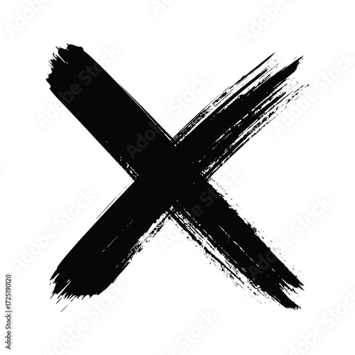Bold black brushstroke x mark symbolizing error, cancellation, or rejection on stark white background, ideal for design, signage, or graphic projects.