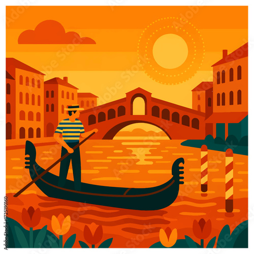 Venice Gondola under Orange Sky — Rialto Bridge Grand Canal, Italy Travel Poster (Vector)